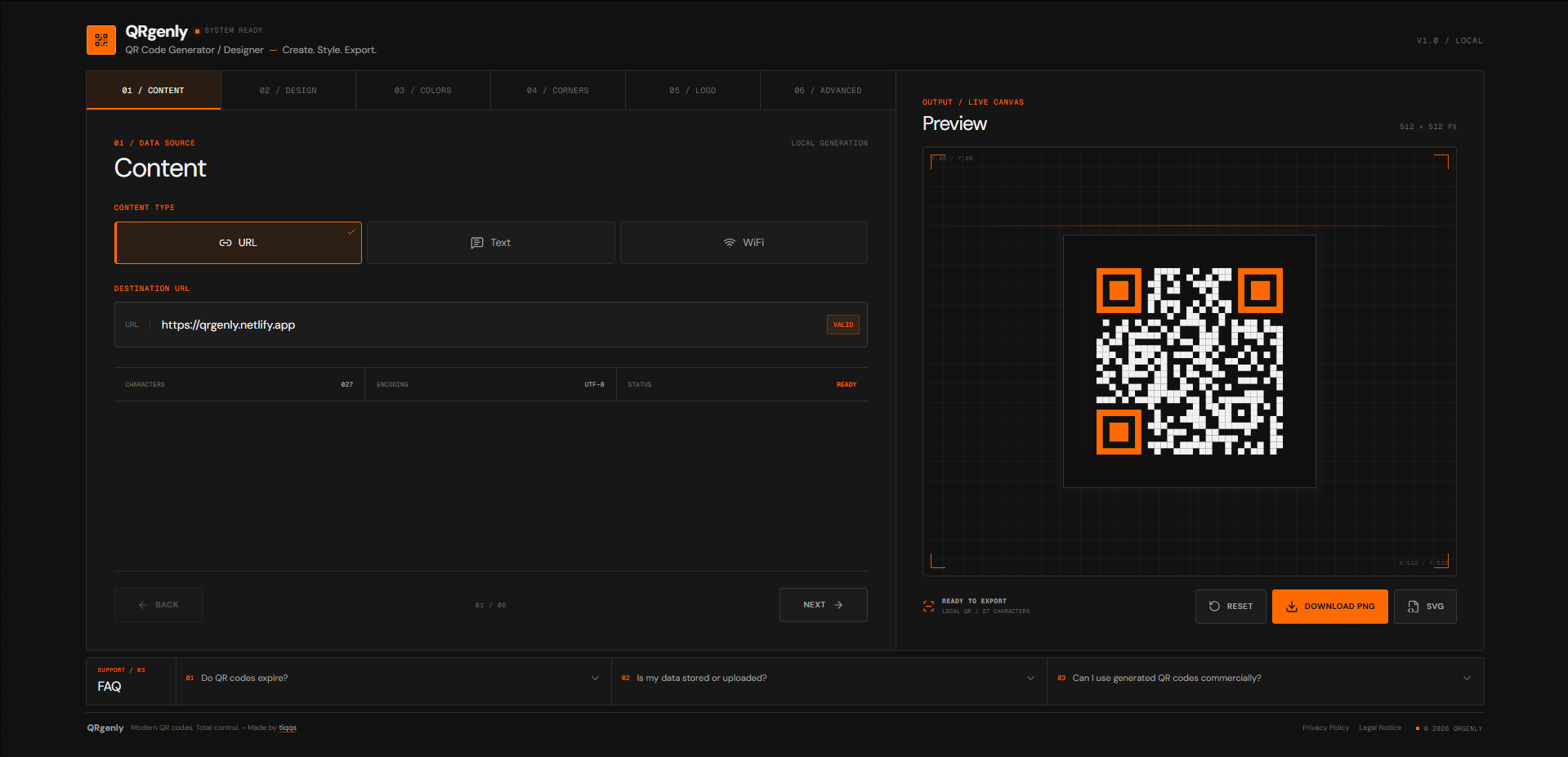 QRgenly Benutzeroberfläche mit QR-Code-Designer, Einstellungen und Live-Vorschau im dunklen Design.