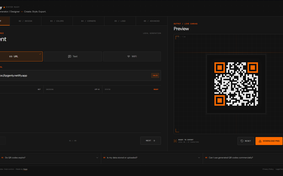 QRgenly Benutzeroberfläche mit QR-Code-Designer, Einstellungen und Live-Vorschau im dunklen Design.