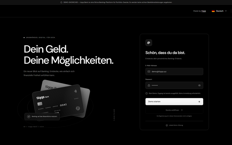 tiqqs-bank Benutzeroberfläche.